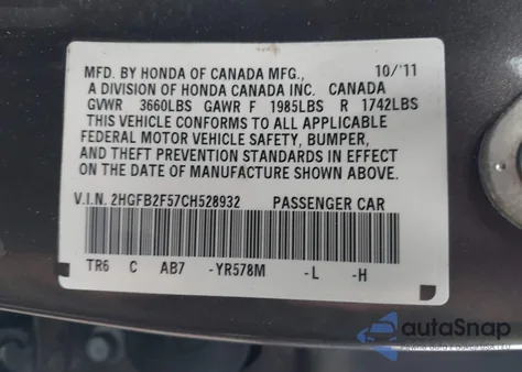 2012 Honda Civic Sdn Lx z USA, uszkodzony, nr VIN 2HGFB2F57CH528932